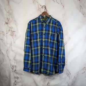 Eddie Bauer Shirt Mens Large Blue Green Plaid Button Up Travex Shacket Jacket